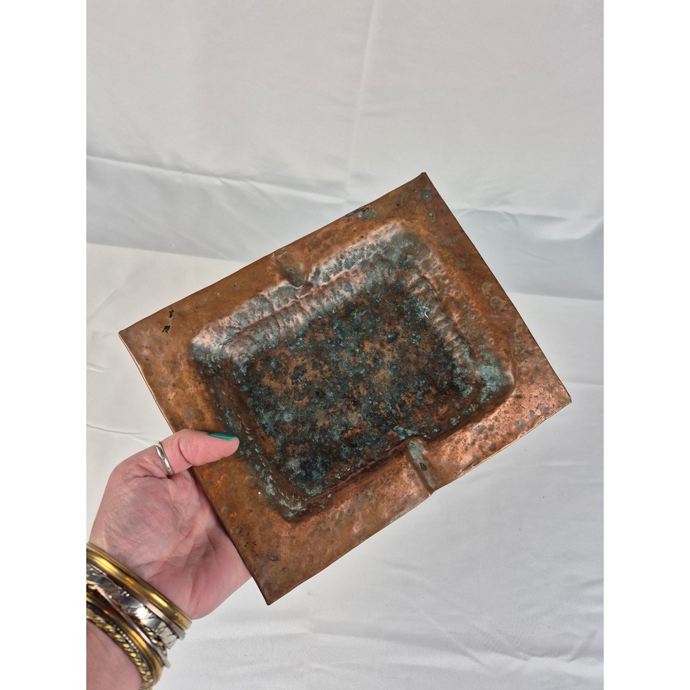 Vintage Hammered Copper Ashtray Verdigris Patina Brutalist MCM Decor
Trinket